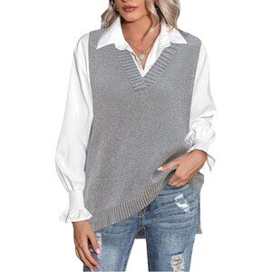 Women Grey Sweater Vest Sleeveless V Neck Oversized Knitted Pullover Fall